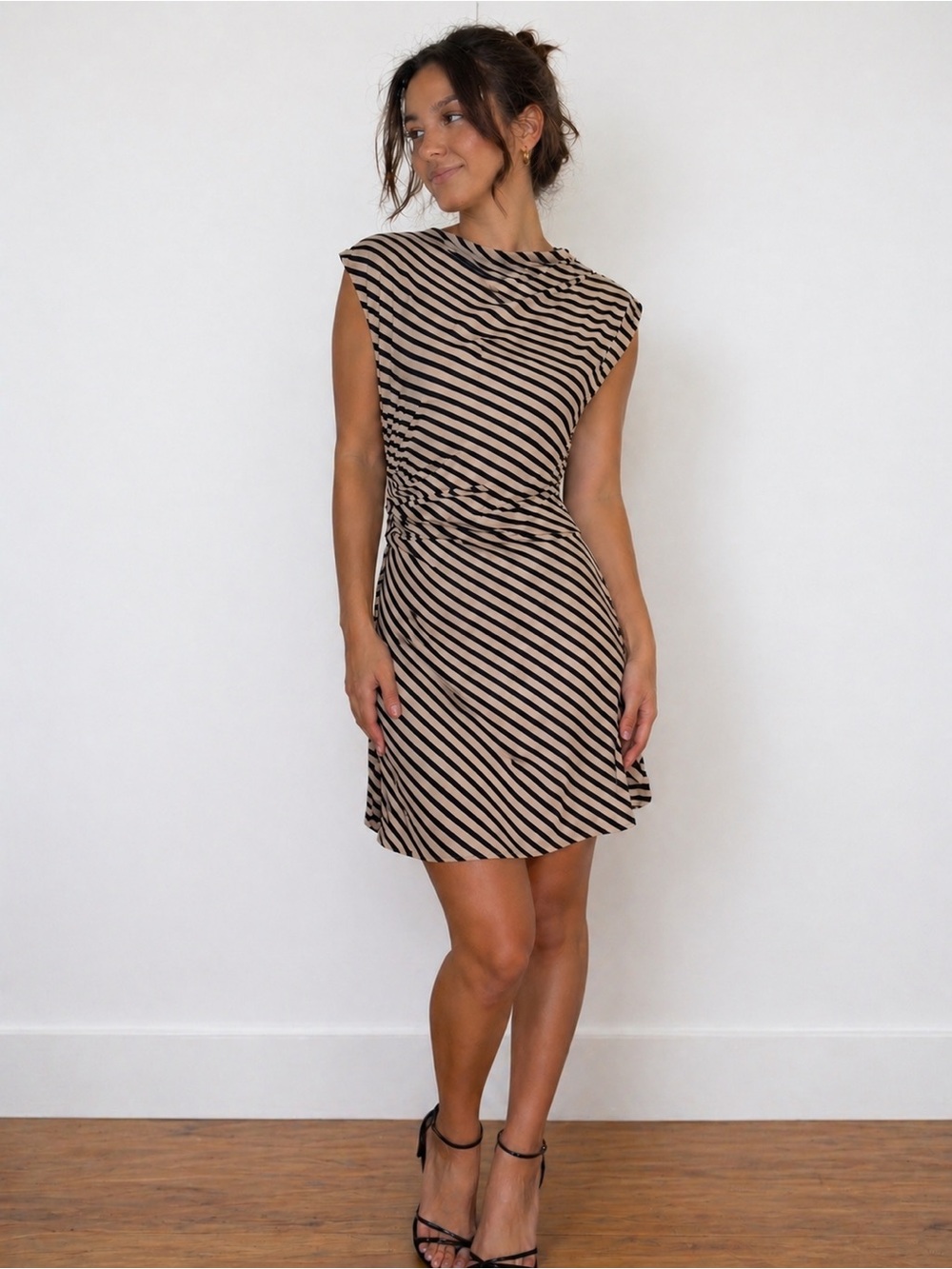 H&M Draped Asymmetric Jersey Mini Dress - Striped Bodycon Ruched Waist - Size M